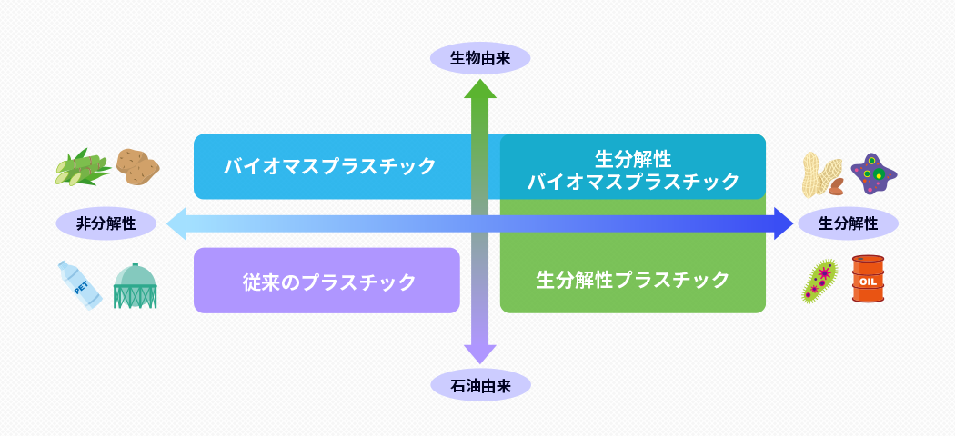 バイオマスプラスチックと生分解性プラスチックの違い図解