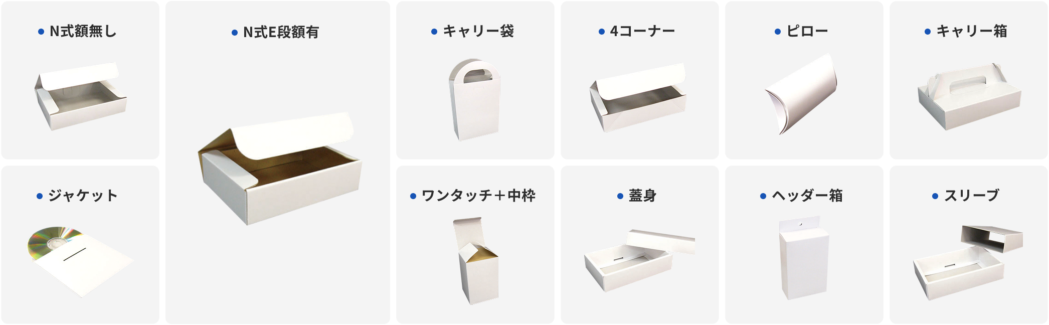 N式E段額有／キャリー袋／4コーナー／ピロー／キャリー箱／ジャケット／ワンタッチ＋中枠／蓋身／ヘッダー箱／スリーブ